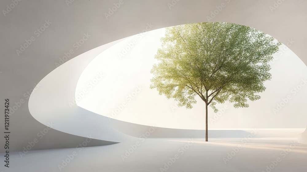 Poster modern architectural space with delicate curves and a tree illuminated by soft natural light