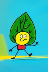 Cheerful Cartoon Leaf Character with Determined Expression and Joyful Stance on Vibrant Background