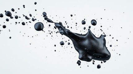 Dynamic splash of black liquid creating energetic droplets against a light background capturing...