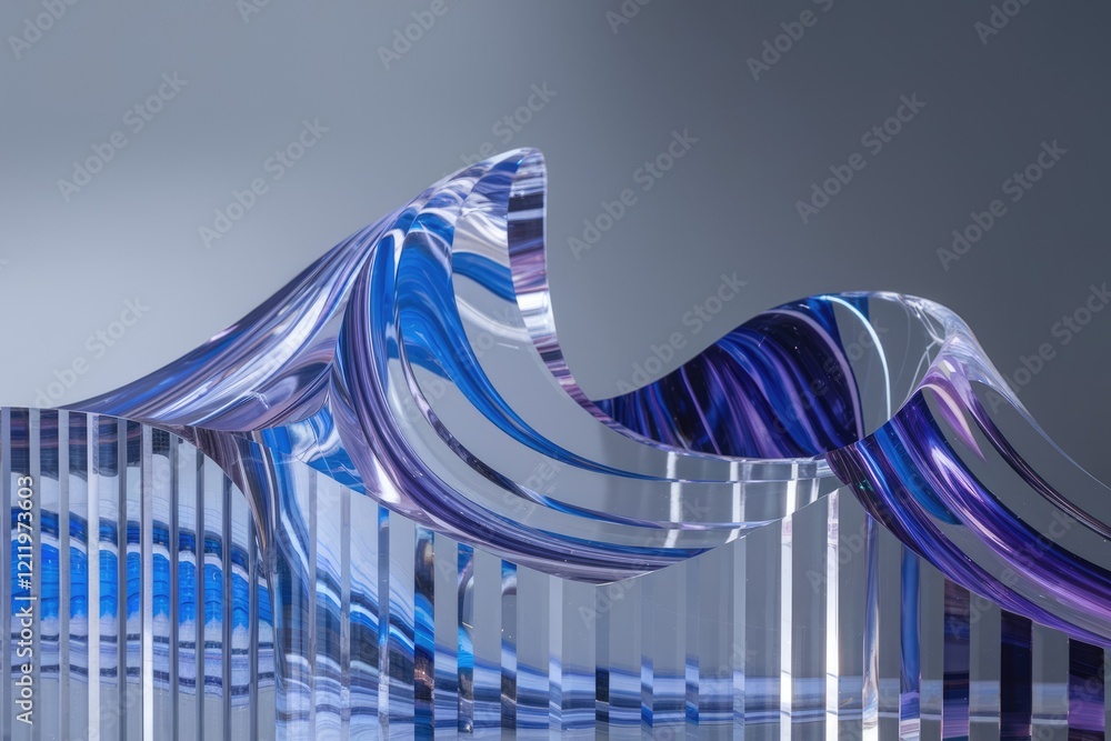 Poster abstract glass sculpture with flowing blue and purple lines, creating a wave-like form.