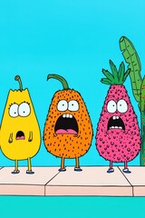 Expressive Cartoon Fruit Characters Displaying Emotion in Vibrant Colors Against a Bright Backdrop