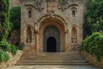 Fototapeta premium A historic stone building with steps leading up to the entrance, ideal for architecture, history, or travel images
