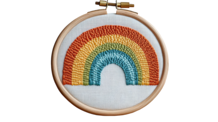 Colorful embroidered rainbow in a wooden hoop showcasing creativity and artistic expression