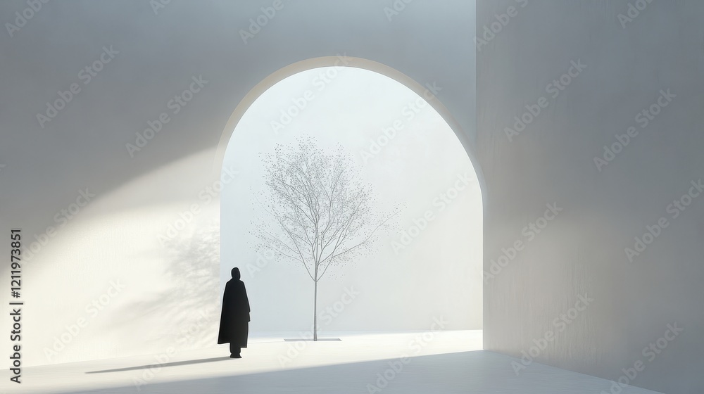 Poster exploring minimalism in architectural design with a solitary figure and a tree in an open space