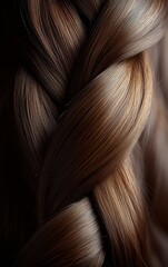 Fototapeta premium A close-up view highlights a beautifully braided hairstyle, capturing the smooth, luxurious texture of rich brown hair with soft lighting enhancing its details
