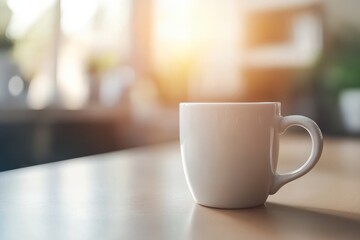 Fototapeta premium Warm Lighting Details of a Coffee Mug on a Desk, Creating a Cozy Atmosphere for Client Support and Services in a Casual Setting