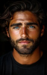 Fototapeta premium A young man with tousled brown hair and deep blue eyes gazes directly at the viewer. His beard accentuates his facial features, creating an intense and captivating look