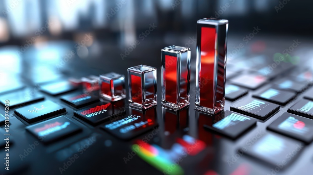 Aufkleber futuristic financial data visualization with 3d bar graphs on glossy digital interface