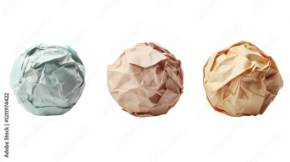 Poster various crumpled paper balls showcase different colors and textures isolated on transparent backgrou