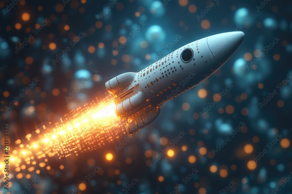 Poster a white rocket soaring through the sky, ideal for use in illustrations about space travel or futuris