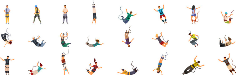 Jumping down bungee cord icons set. People jumping from high places with bungee ropes attached to their bodies, enjoying extreme sports and recreation activities
