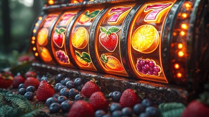 Vibrant Slot Machine with Fruits and Neon Lights in Forest Setting