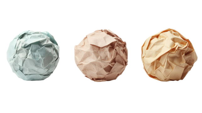 Various crumpled paper balls showcase different colors and textures isolated on transparent background