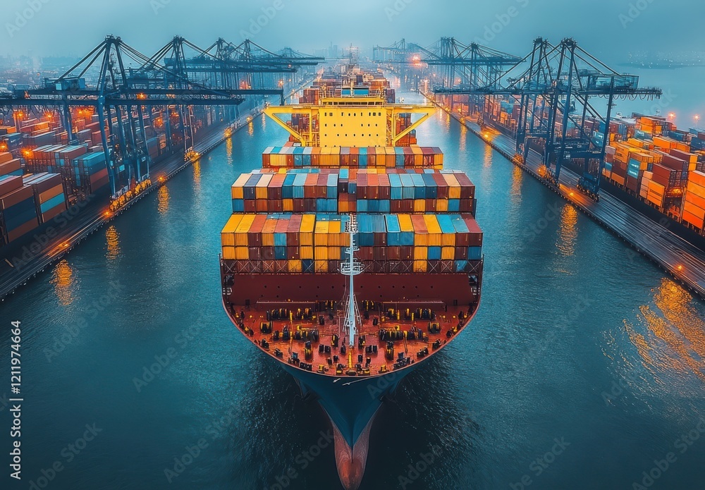 Poster container ship navigating through busy port at dusk with colorful cargo containers and industrial cr