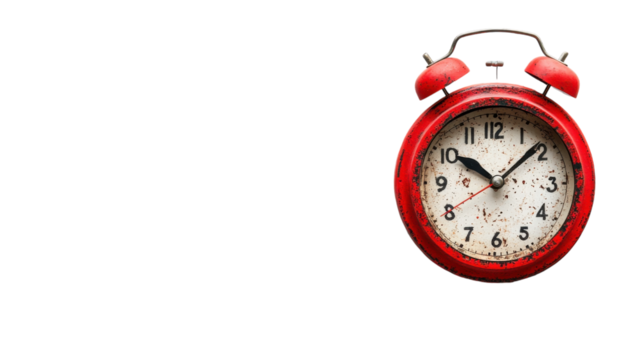A vintage red alarm clock quietly ticking away time in a serene, minimalistic setting
