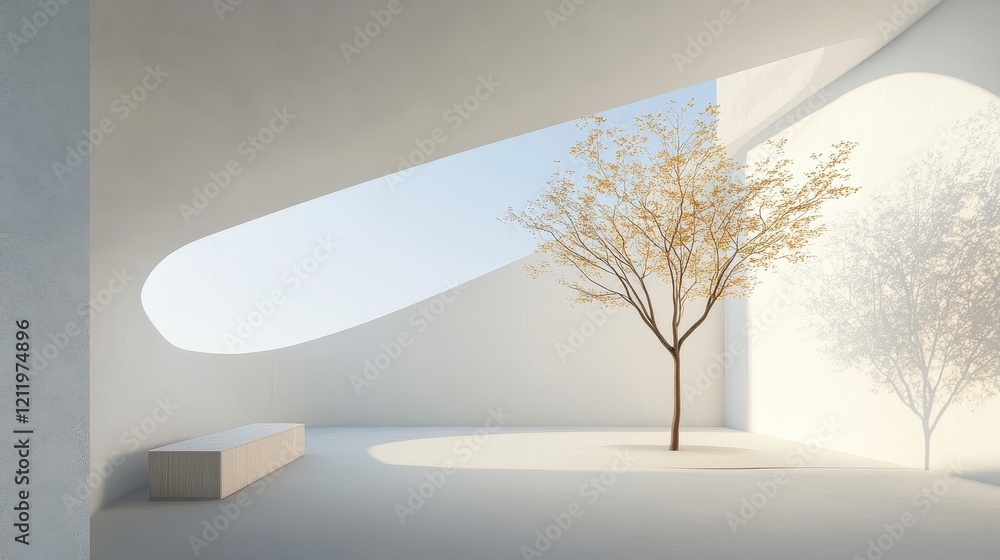 Poster modern architectural space featuring minimalist design with natural elements and soft light