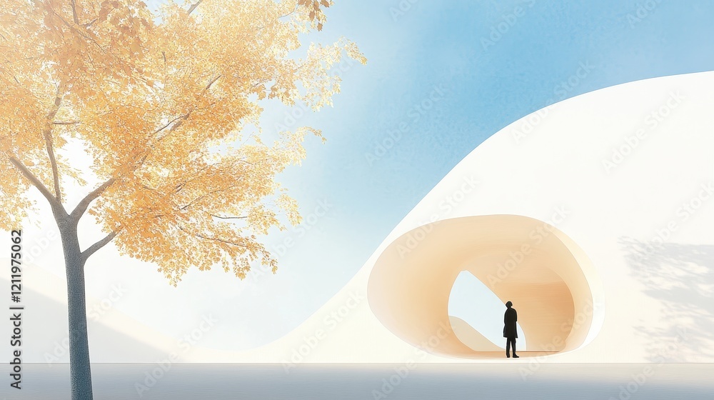 Poster abstract visualization of designers fostering dynamics in a minimalist landscape with tree and human