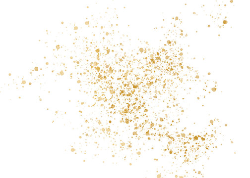 Gold shimmering glitter particles, scatter of sparkling confetti. Festive golden splatter decor isolated on transparent background