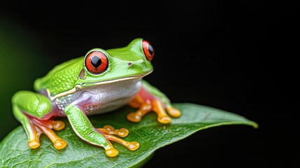 Fototapeta premium Red-eyed tree frog on leaf, rainforest background, nature photography, wildlife poster
