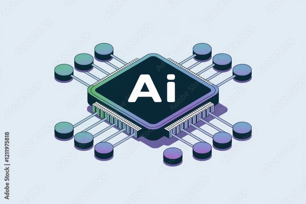 Poster AI microchip illustration, symbolizing artificial intelligence's computational power and connectivity.