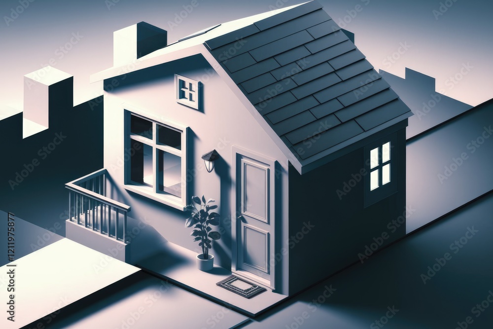 Poster a minimalist 3d model of a small house at night, showcasing its simple design and cozy atmosphere.