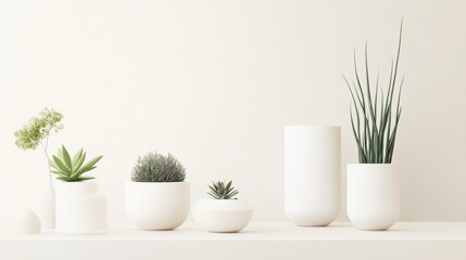 Minimalist white vases with greenery on a bright background