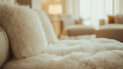 Cozy living room with soft fluffy white pillows and furry blanket on couch