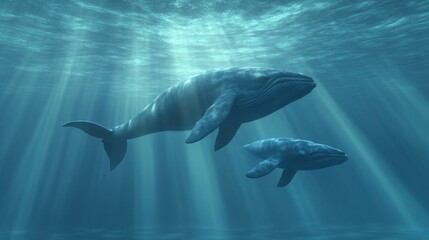 Obraz premium Majestic Whales Swimming in Clear Ocean Water Beneath Sunlight