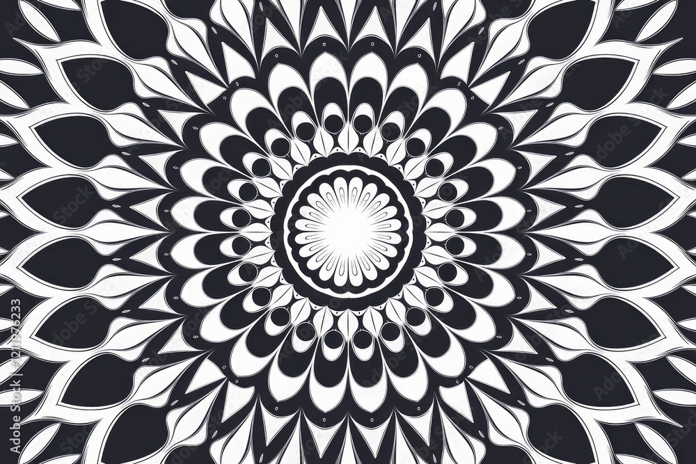 Poster intricate black and white mandala design with symmetrical floral patterns and radiating circular mot