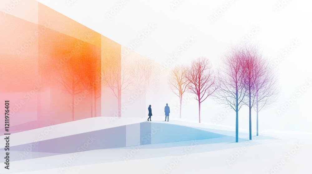 Poster abstract landscape representation with figures walking through colorful geometric shapes and trees