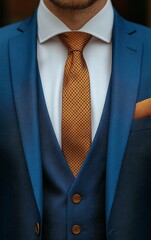 A well-dressed man showcases an elegant blue suit paired with a polka-dotted tie and a matching pocket square at an indoor setting during a formal gathering