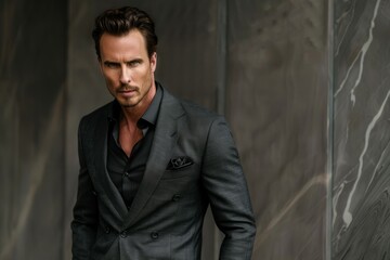 Obraz premium Young caucasian male in gray suit posing against dark wall. Neural network AI generated