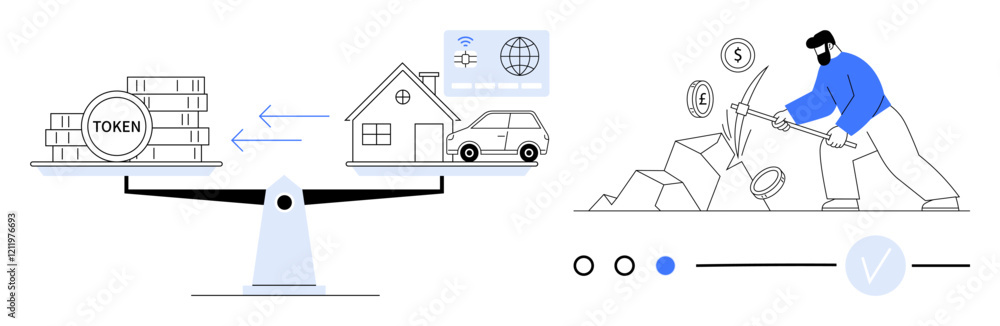 Poster balancing scale with tokens and assets thumbs up house and car. person mining cryptocurrency. ideal 