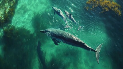 Fototapeta premium Graceful Dolphins Swimming in Clear Aquatic Environment
