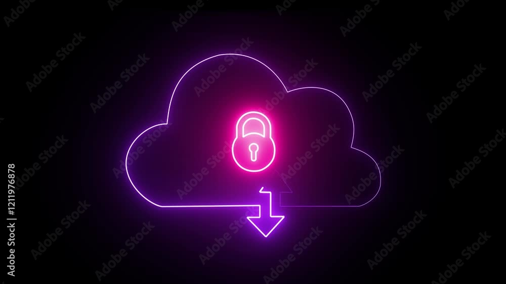 Poster glowing neon cloud icon with lock animation on black background. 4k motion graphics animation.