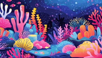 Vibrant coral reef with colorful fish and bubbles.