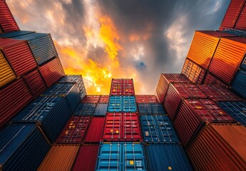 Fototapeta premium Dramatic Sunset Over Stacked Shipping Containers in a Cargo Terminal, Showcasing Vibrant Colors, Cloudy Sky, and Industrial Landscape