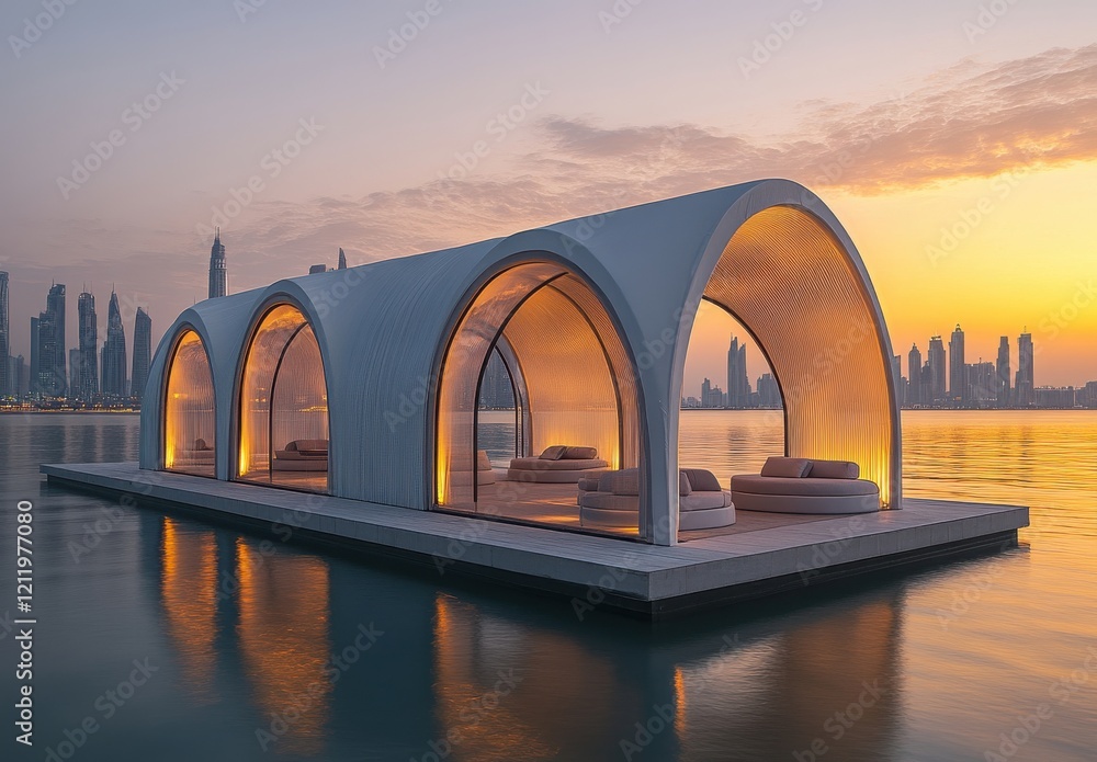 Poster elegant floating lounge structures at sunset with urban skyline backdrop, showcasing modern architec
