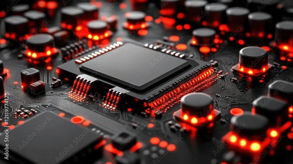 Poster close-up of a modern computer motherboard with illuminated components