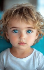 A young child with soft, curly hair and bright blue eyes gazes curiously at the camera. Natural light softly illuminates the indoor space, highlighting the child's features