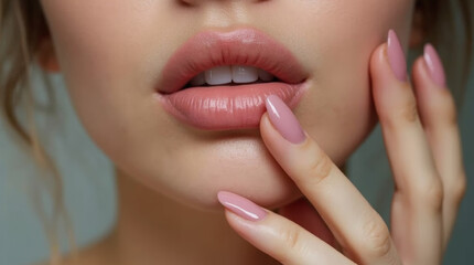 Obraz premium Female hands with pink manicure touching face and plump beautiful lips, close-up