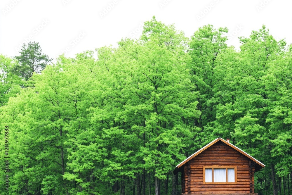 Poster a small cabin surrounded by trees in a dense forest