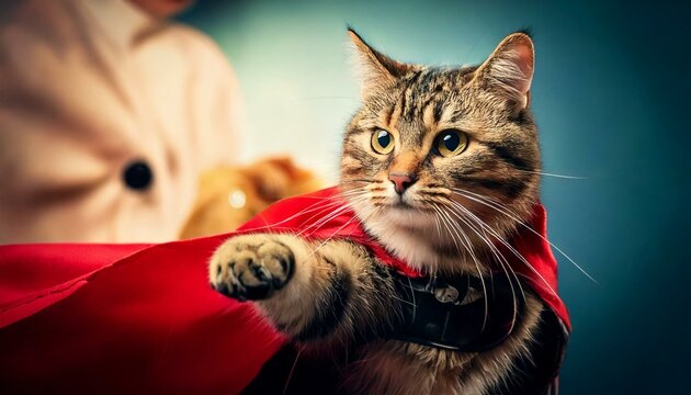 A cute cat in super hero costume fighting for danger criminals and robber
