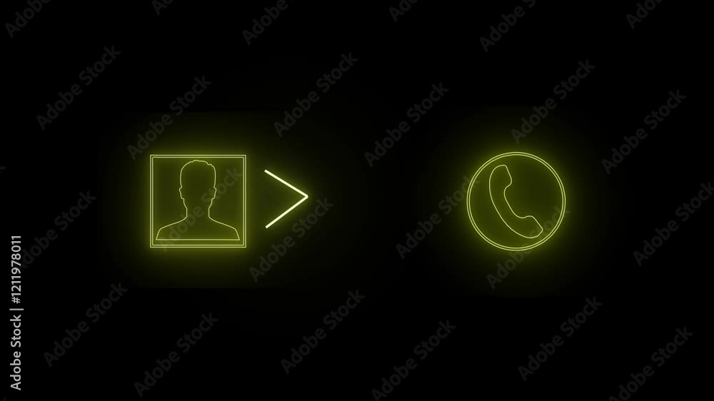 Poster glowing neon phone calling animation on black background in yellow color. 4k motion graphics animati