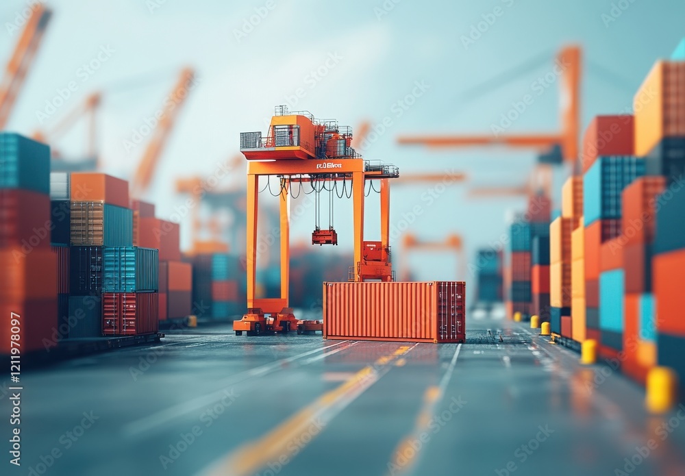 Poster industrial container terminal with cranes and colorful freight boxes, showcasing efficient logistics
