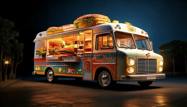 A stunning retro truck selling burger pizza, burger