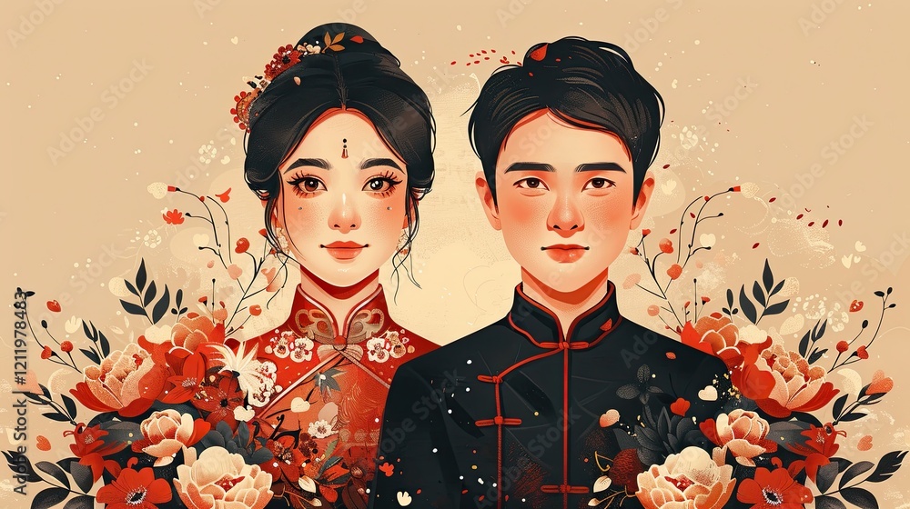 Wall mural Flat design portrays a wedding blending traditions from two cultures into one beautiful celebration