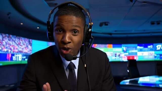 Engaging Host Discusses Sports Highlights and Updates in a Lively Broadcast Environment