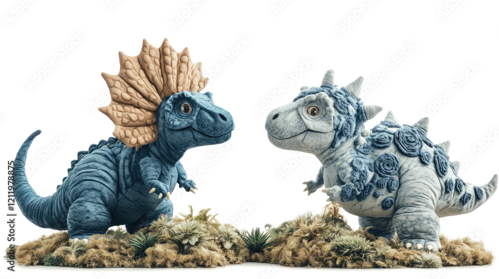 Poster set of stuffed dinosaurs on a transparent background generative ai