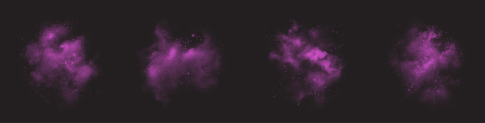 mystical purple cloud with sparkles, featuring fairy stardust and glowing flares. Enchanting shiny fog for magical spells, cosmic dust swirling on a dark background.